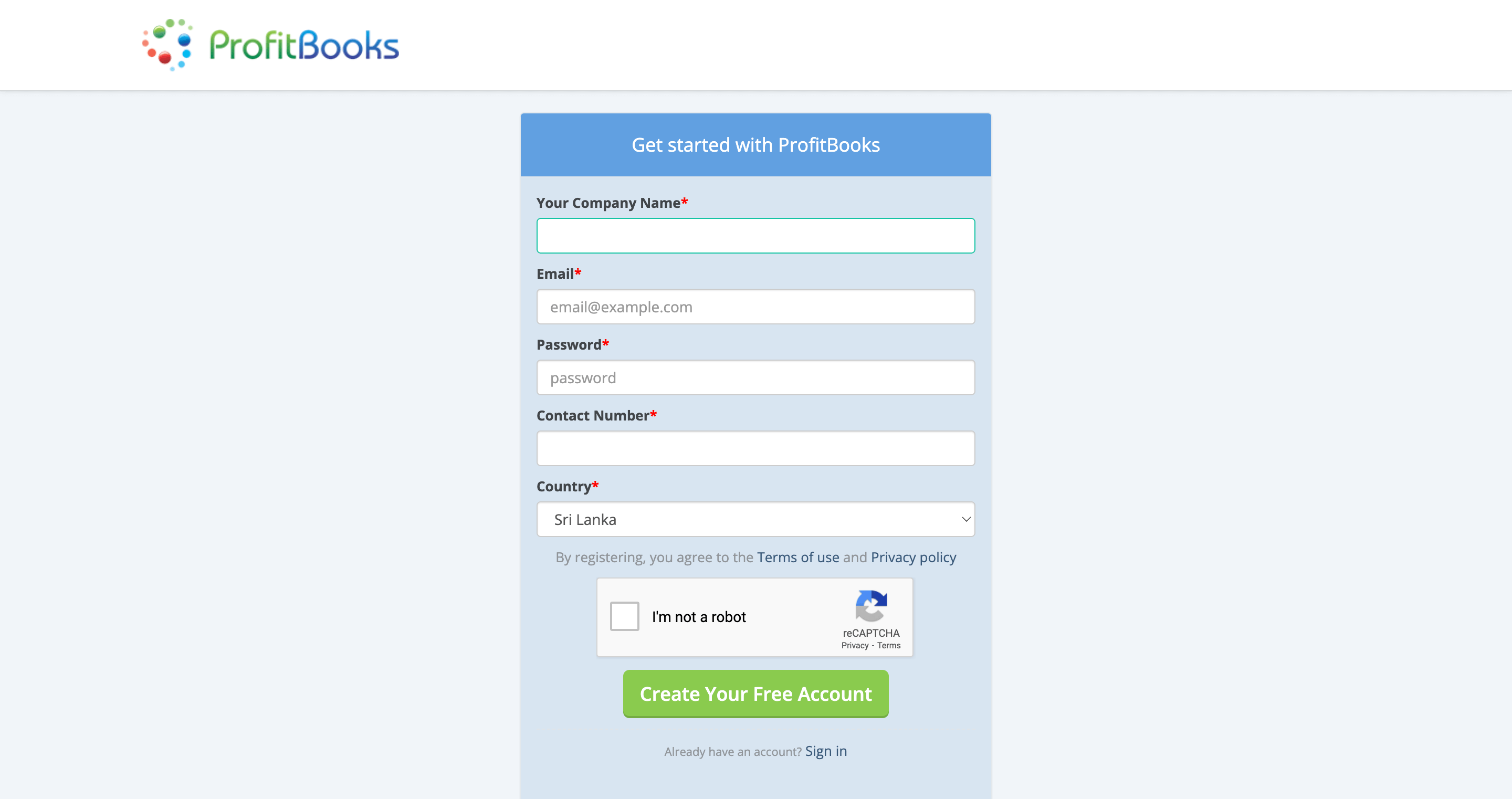 Profitbooks free trial signup page